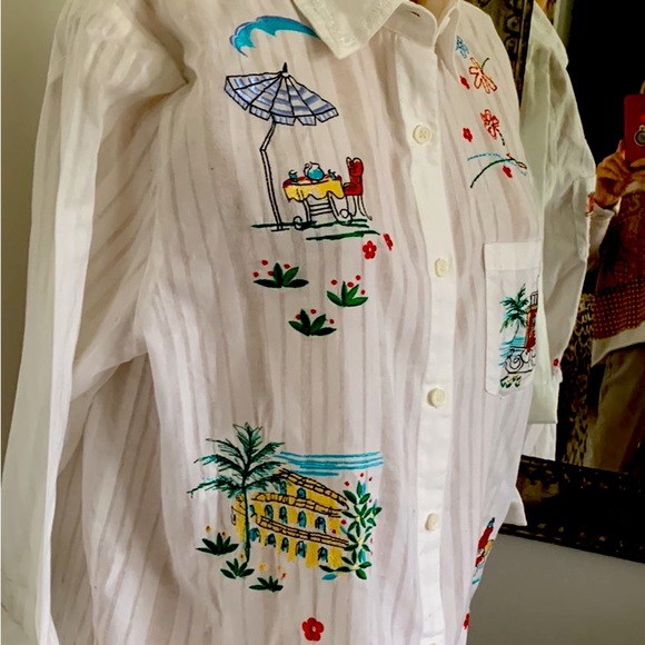 GRAFF VINTAGE 80’S EMBROIDERED WHITE BLOUSE PARISIAN SCENES SIZE PL - Picture 2 of 7